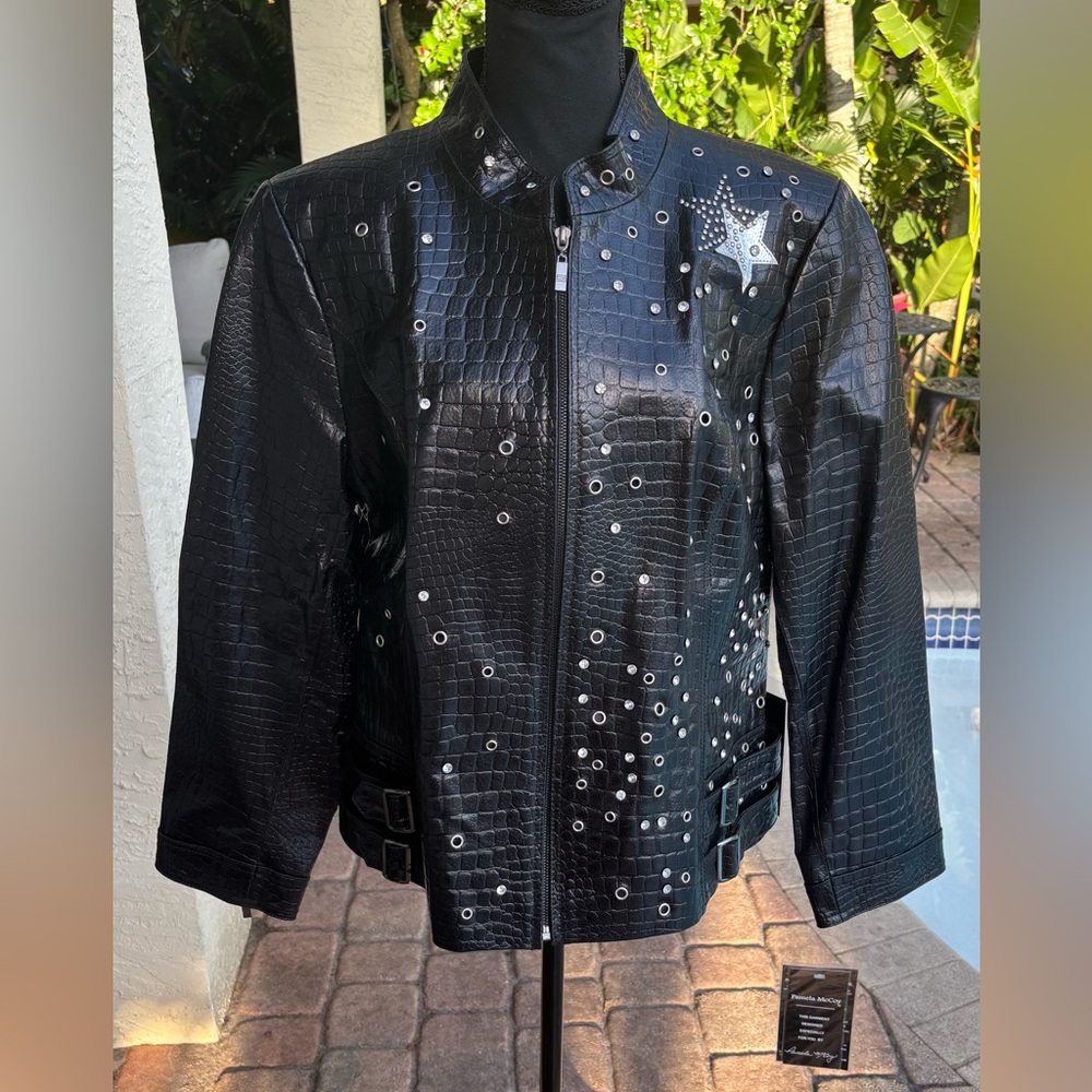 Pamela McCoy studded rhinestone star leather embossed snakeskin print jacket L